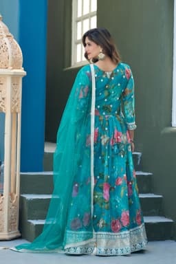 Teal Floral Embroidered Silk Anarkali Gown