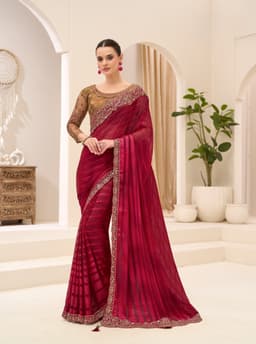 Deep Magenta Georgette Satin Saree for Wedding Reception