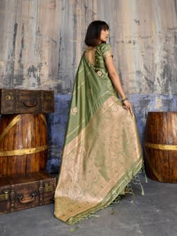 Olive Green Saree with Antique Gold Woven Pallu