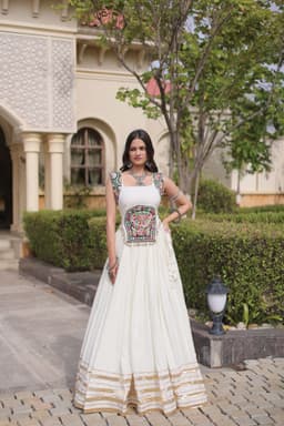 Ivory White Rayon Lehenga with Mukesh & Gamthi Work