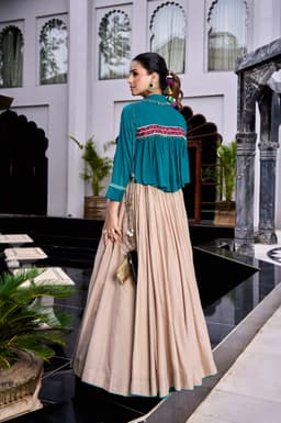 Beige Cotton Lehenga with Teal Gamthi Top for Navratri