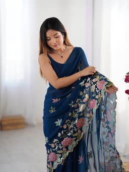 Navy Blue Georgette Saree with Multicolor Floral Sequin Embroidery