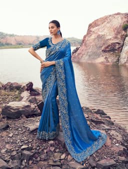 Royal Blue Pure Satin Silk Khatli Work Saree
