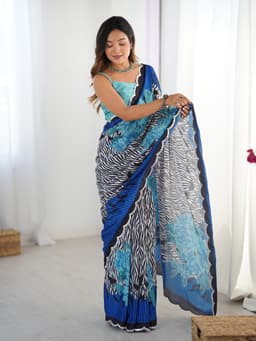 Indigo Blue Floral Printed Chinon Saree with Mirror Work