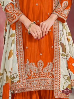 Orange Chinon Silk Sharara Suit