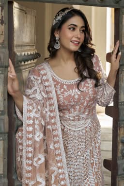 Peach Embroidered Net Anarkali Suit