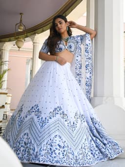 White Satin Zari Thread Embroidered Party Wear Lehenga