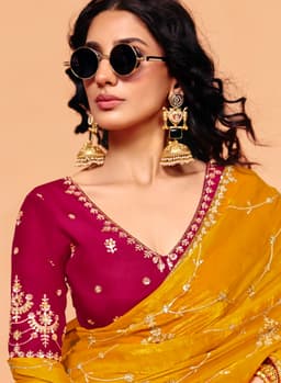 Mustard Yellow Organza Satin Sequins Embroidered Saree