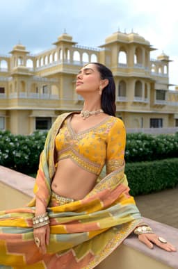 Luxury Mustard Yellow Silk Bridal Lehenga Choli Close Up