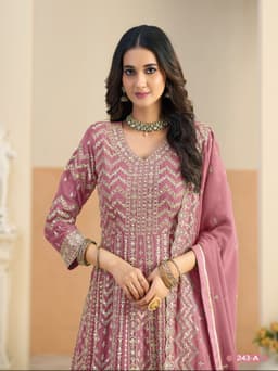 Trendy anarkali suit party wear with embroidered detailing and dupatta