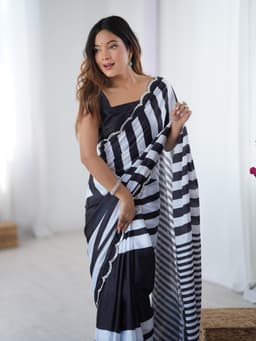 Black and White Striped Chinon Saree with Mirror Work