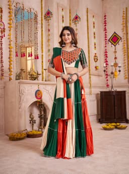 Green Orange Tiered Frill Navratri Lehenga Choli