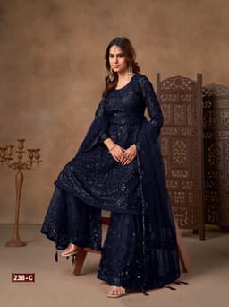 Navy Blue Net Palazzo Suit