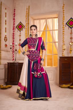 Navy Blue Kutchi Patch Mirror Work Navratri Lehenga Choli