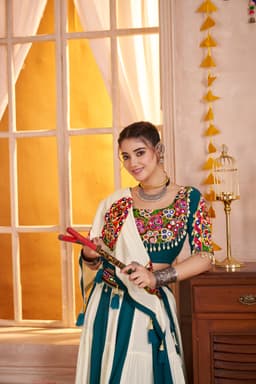 Teal White Viscose Cotton Navratri Lehenga