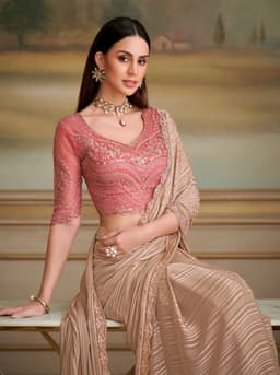 Taupe Brown Shining Georgette Festive Wear Saree