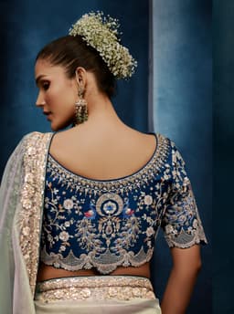 Pearl Grey Fancy Saree with Peacock Embroidered Designer Blouse