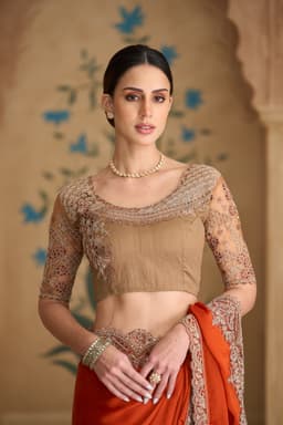 Rust Orange Satin Chiffon Embroidered Wedding Saree