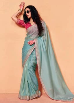 Powder Blue Organza Heavy Sequins Embroidered Wedding Saree