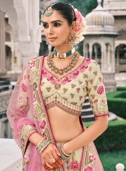 Cream Pink Designer Silk Bridal Lehenga Choli