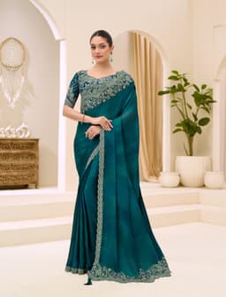 Luxury Teal Blue Party Wear Satin Chiffon Saree