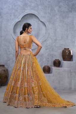 Mustard Yellow Peacock Banarasi Silk Haldi Bridal Lehenga