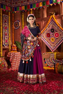 Navy Blue Pink Viscose Cotton Navratri Lehenga Kutchi Work