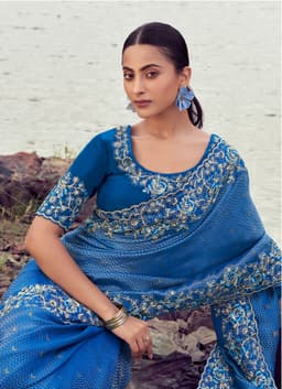 Royal Blue Pure Satin Silk Khatli Work Saree