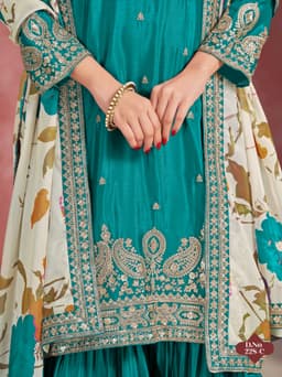 Teal Chinon Silk Sharara Suit