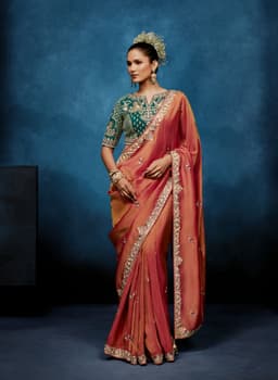 Peach Coral Fancy Saree with Peacock Embroidered Blouse