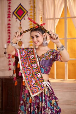 Purple Printed Viscose Cotton Mirror Work Navratri Lehenga Choli