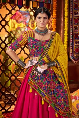 Pink Viscose Cotton Navratri Lehenga Choli with Mirror Work