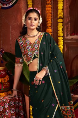 Dark Green Viscose Cotton Navratri Lehenga Choli