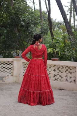 Red Bandhej Lehenga with Kutchi Gamthi Work for Garba Nights