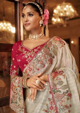 Ivory Soft Silk Saree with Handcrafted Embroidered Border