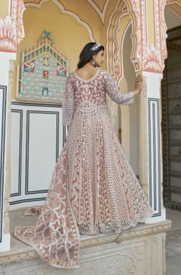 Peach Embroidered Net Anarkali Suit