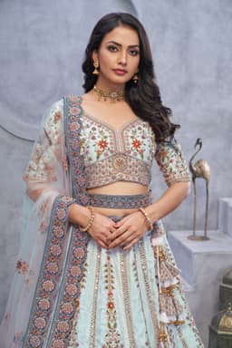 Sky Blue Peacock Embroidered Banarasi Silk Lehenga
