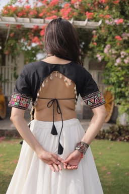 White & Black Lehenga with Multicolor Kutchi Gamthi Blouse
