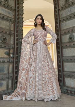 Peach Embroidered Net Anarkali Suit