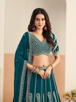 Teal Blue Faux Georgette Heavy Embroidered Bridal Lehenga