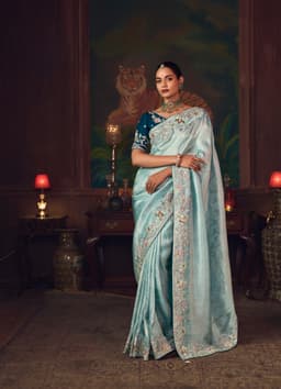Ice Blue Silk Saree with Heavy Embroidery Work