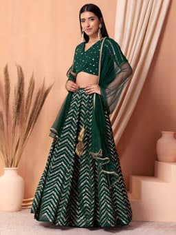 Emerald Green Georgette Zari Sequins Wedding Lehenga
