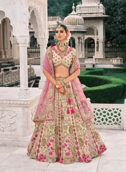 Cream Pink Designer Silk Bridal Lehenga Choli