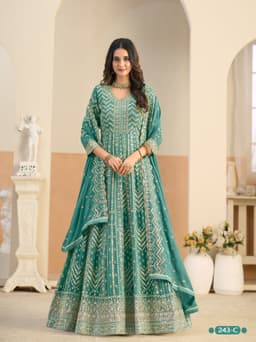 Elegant green embroidered anarkali suit party wear for women with designer dupatta and festive ethnic look