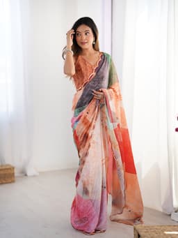 Multicolor Abstract Printed Chinon Designer Saree