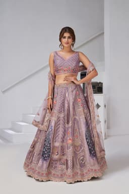 Lavender Raw Silk Peacock Motif Lehenga for Wedding