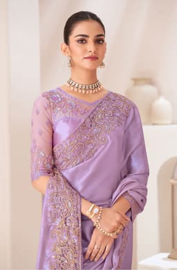Lavender Satin Chiffon Saree for Reception & Wedding Wear