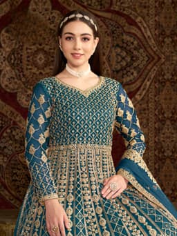 Teal Blue Embroidered Anarkali Gown
