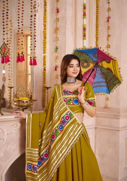 Olive Green Viscose Cotton Navratri Lehenga Choli