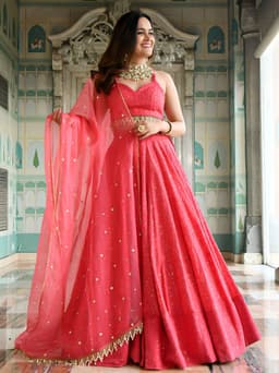 Coral Pink Georgette Engagement Designer Lehenga